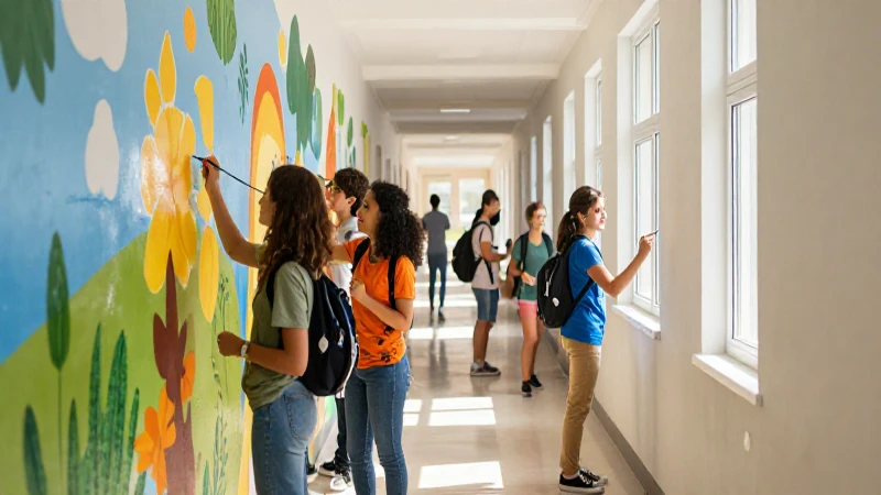 Estudiantes pintan mural con alegría y luz