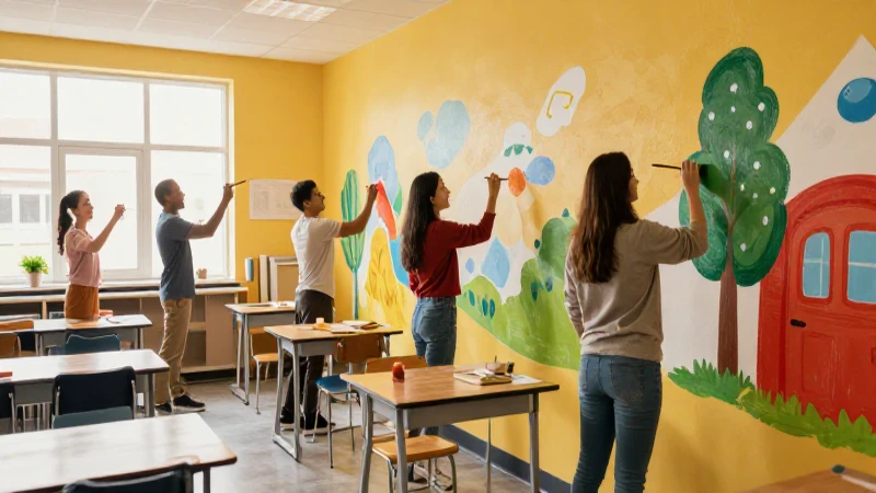 Aula escolar vibrante, voluntarios pintan con alegría