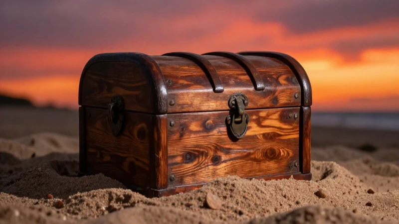 Tesoros encontrados: cofres de madera enterrados en México 3 Cofre antiguo bajo una puesta de sol vibrante