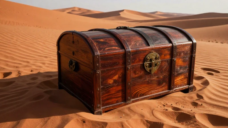 Tesoros encontrados: cofres de madera enterrados en México 7 Caja antigua en desierto, iluminación cinematográfica y realista