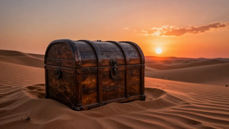 Tesoros encontrados: cofres de madera enterrados en México 5 Cofre antiguo enterrado bajo un atardecer vibrante