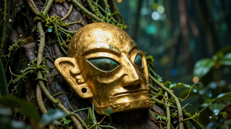 Artefacto dorado antiguo en ruinas selváticas