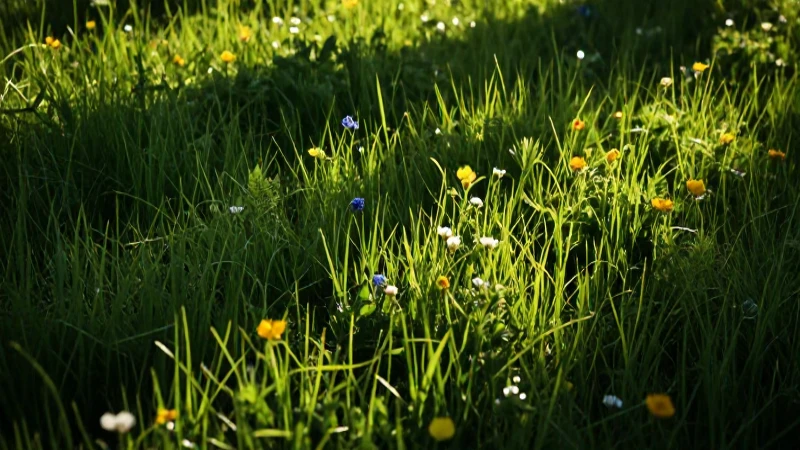 Campo florido, luz dorada y contraste dramático