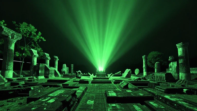 Ruinas antiguas reveladas con iluminación dramática