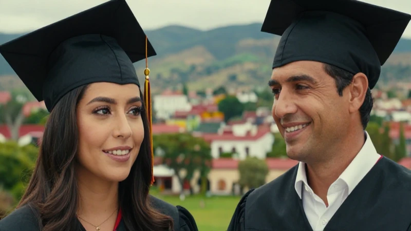 Dos graduados sonríen ante un paisaje morelano