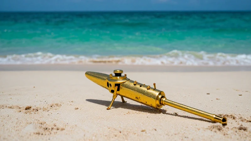 Detector dorado en playa, océano turquesa