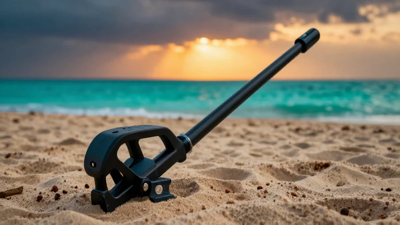 Atardecer vibrante con metal detector en arena