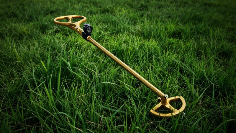 Detector de oro en campo vibrante y cinematográfico