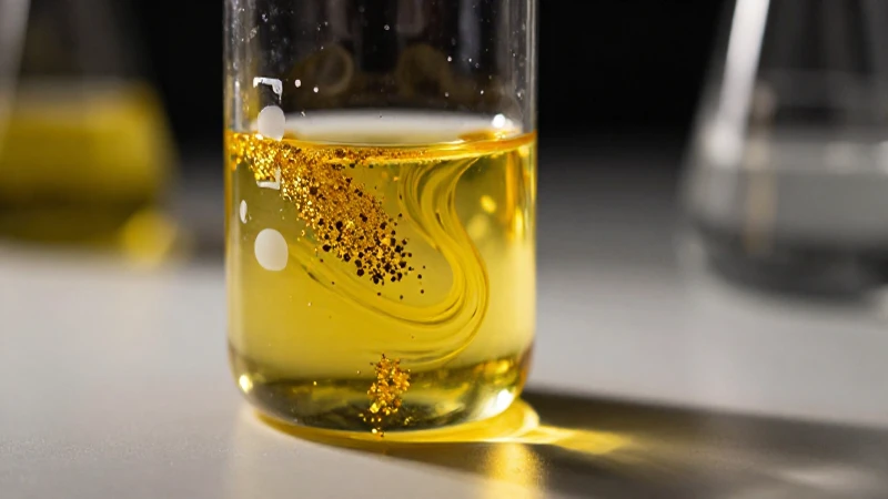 Tiosulfato Sódico de Oro: Usos, Beneficios y Aplicaciones 3 Oro líquido brillante en laboratorio, imagen dramática