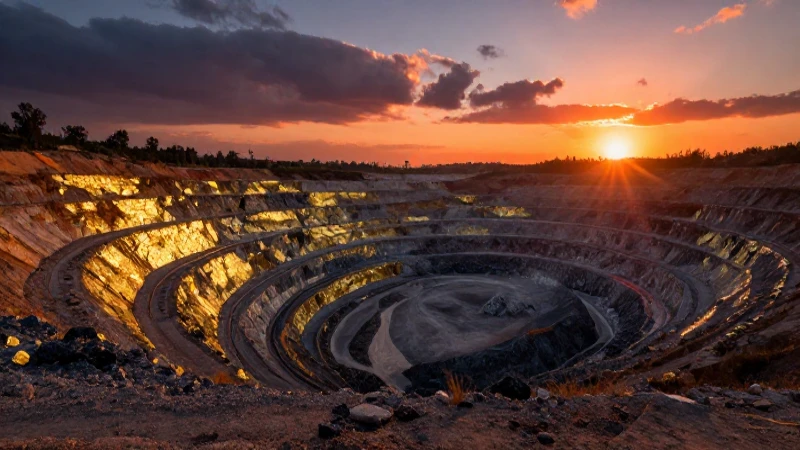 Minería a cielo abierto, oro brillante, atardecer cinematográfico