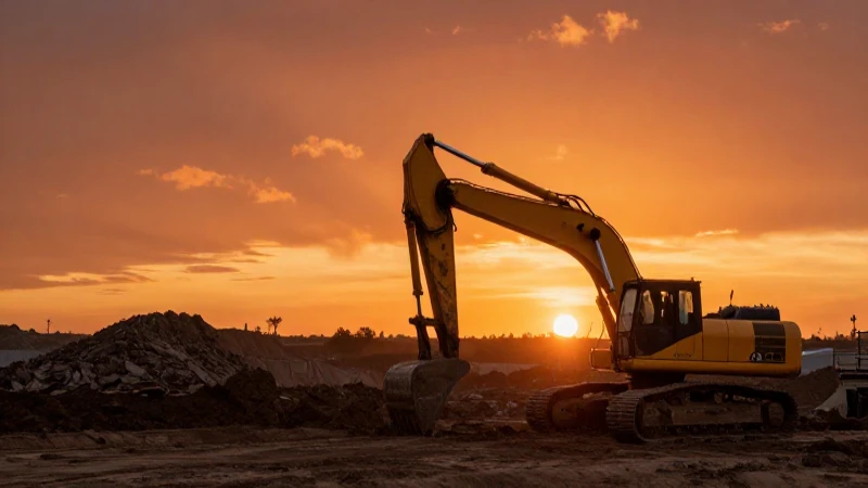 Paisaje minero al atardecer, excavadora dramática