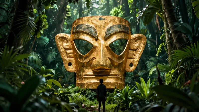 Máscara maya dorada en selva dramática