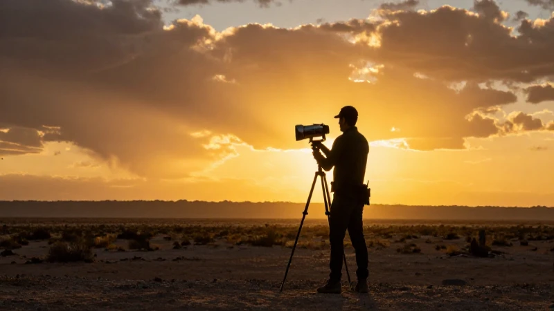 Cazador de tesoros en desierto, atardecer dorado