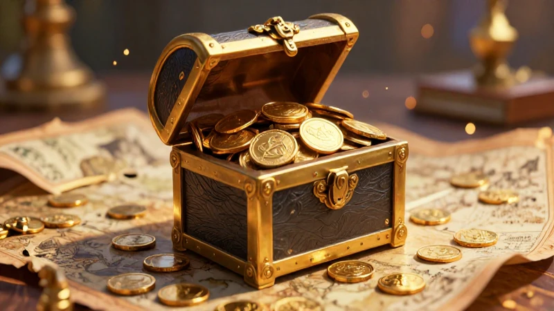 Cofre dorado con tesoro, iluminación dramática