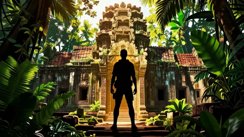 Aventurero en ruinas antiguas, iluminación dramática