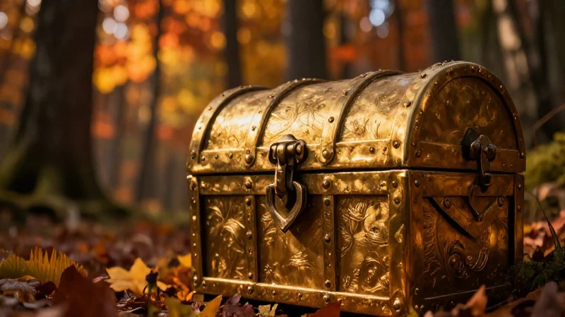 Tesoro dorado en bosque otoñal dramático