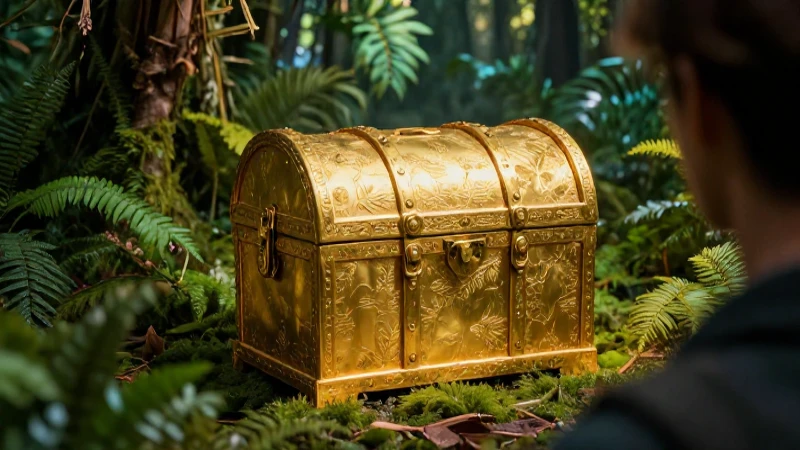 Un cofre dorado emerge en el bosque