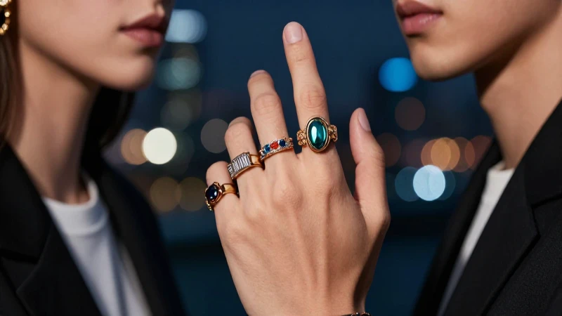 Mano con anillos modernos, fondo urbano borroso