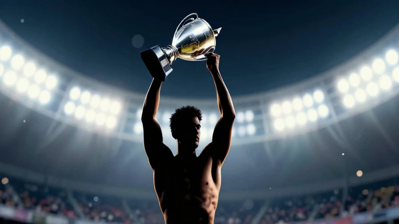 Atleta musculoso celebra bajo luces vibrantes
