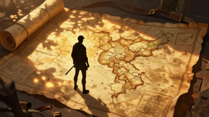 Cazador de tesoros en mapa antiguo resplandeciente