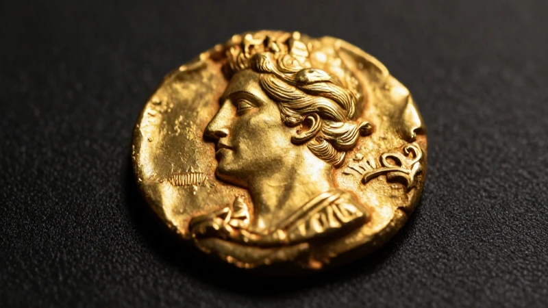 Moneda dorada antigua, luz y contraste dramáticos