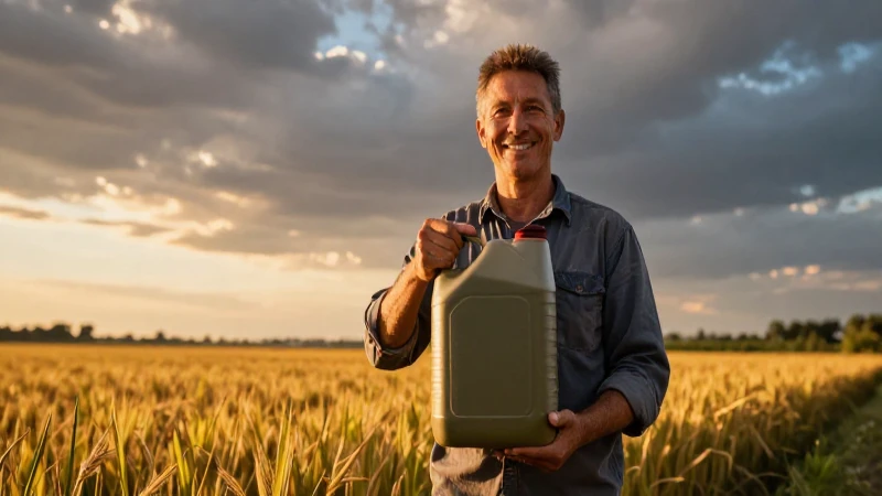 Anochecer dorado en campo con agricultor sonriente