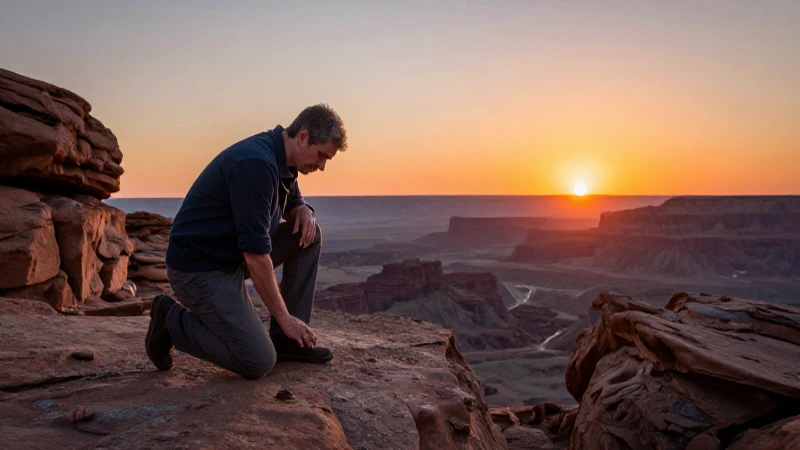 Un geólogo observa rocas al atardecer