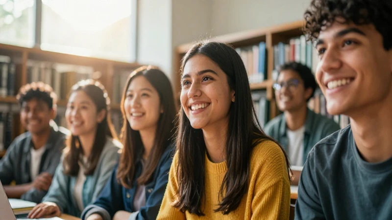 Estudiantes sonríen en biblioteca con luz cálida