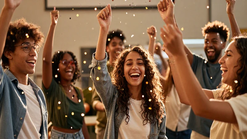 Estudiantes vibrantes celebran con confeti y luz cálida