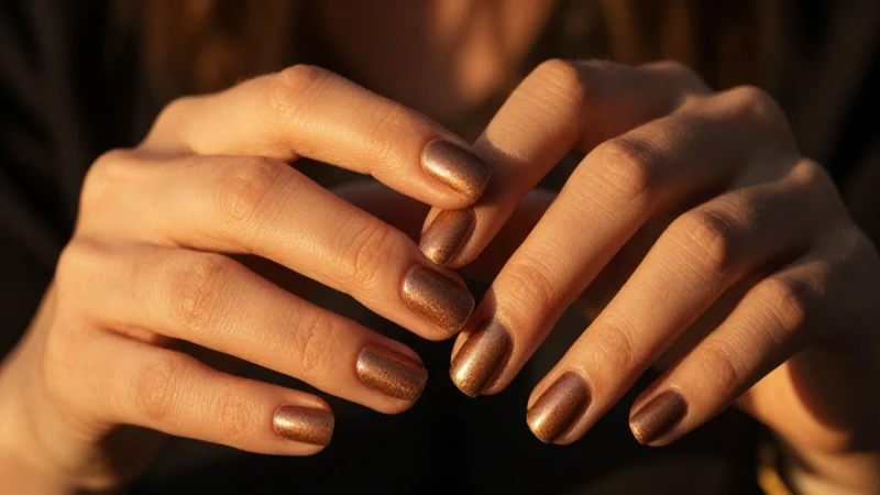 Manos femeninas con manicura bronce elegante