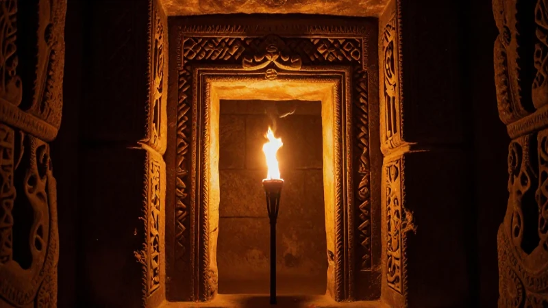 Catacumba oscura con iluminación cinematográfica y misterio
