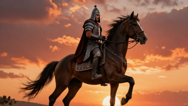 Guerrero ápata en cabrio, puesta de sol épica