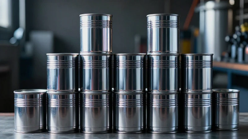 Latas brillantes apiladas con luz dramática