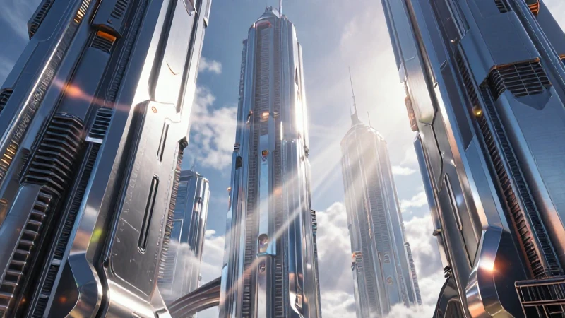 Ciudad futurista metálica, vibrante y cinematográfica