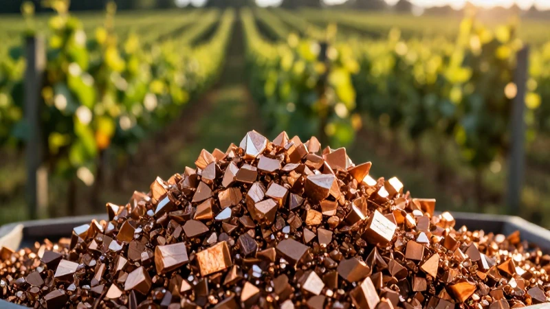 Cobre sulfato, viñedo, luz dorada y vibrante