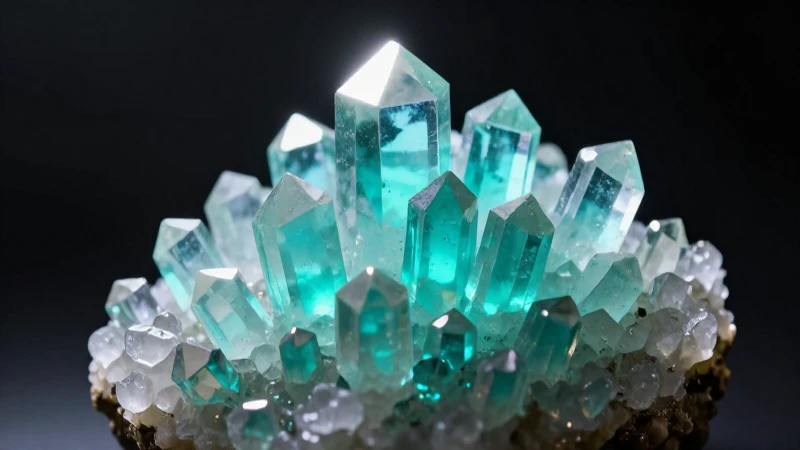 Cristales de barita en estudio, luz turquesa vibrante