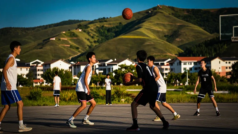 Atletas jóvenes juegan baloncesto en pueblo vibrante