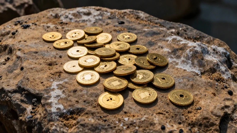 Monedas antiguas doradas sobre arenisca desgastada
