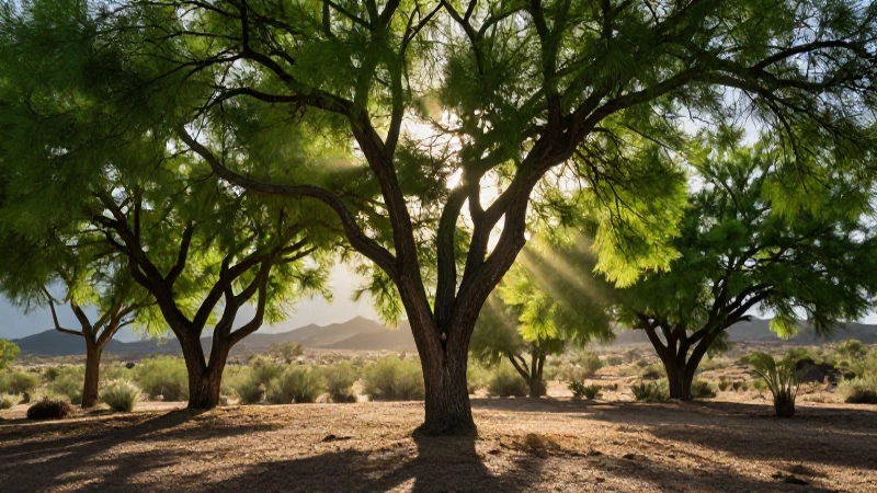 Árboles jóvenes resplandecen en paisaje desértico