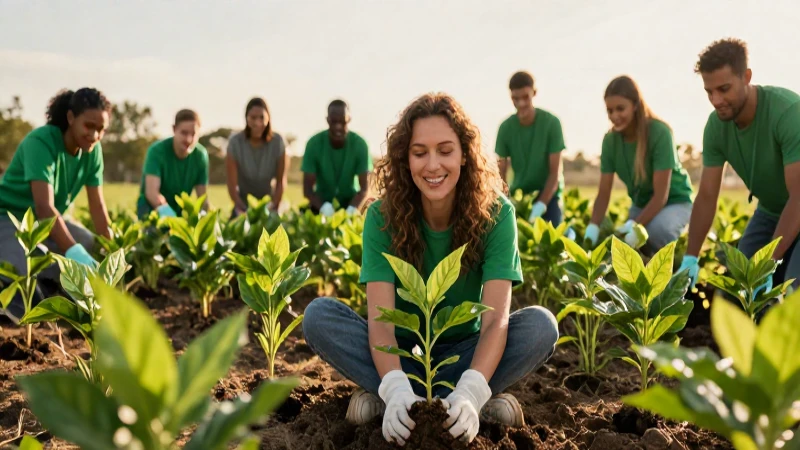 Voluntarios plantan árboles bajo luz dorada