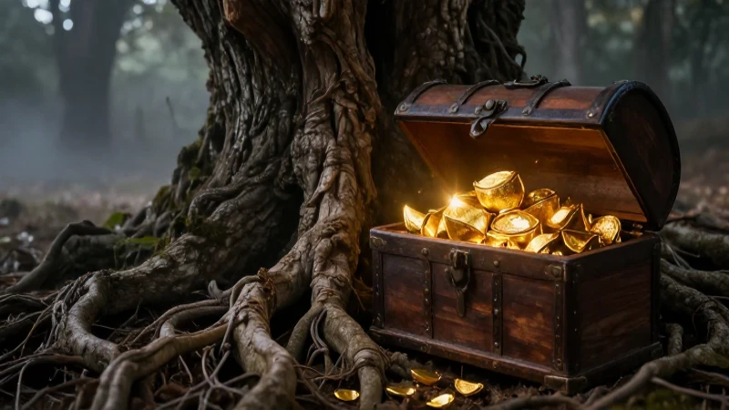 Raíces antiguas abrazan un cofre dorado misterioso