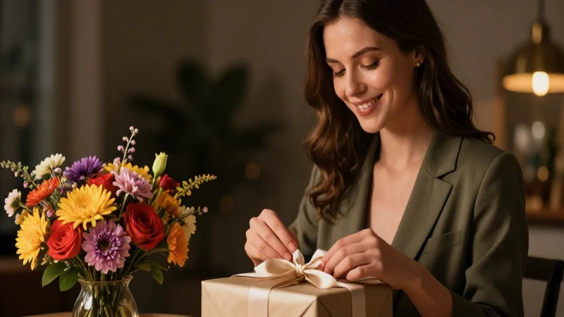 Mujer sonriente recibe flores con elegancia