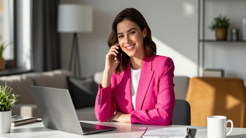 Mujer elegante sonríe en su oficina iluminada