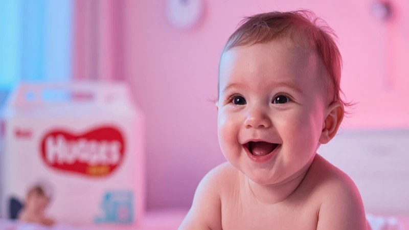 Bebé sonriendo en pañal Huggies, luz cálida
