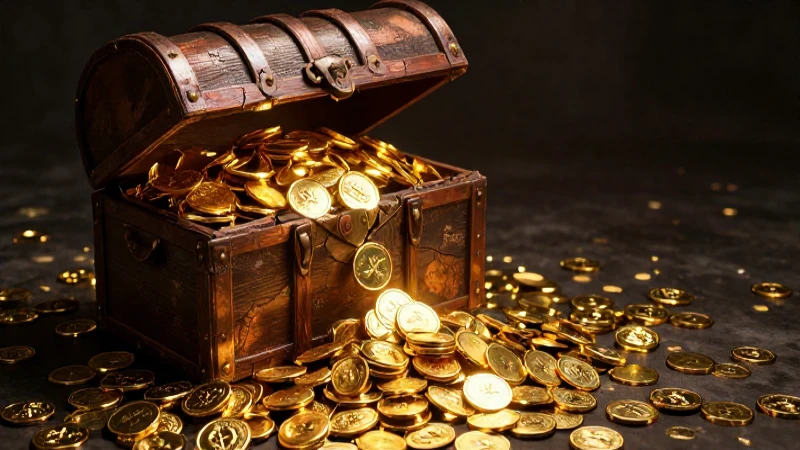 Monedas antiguas brillan en tesoro dramático