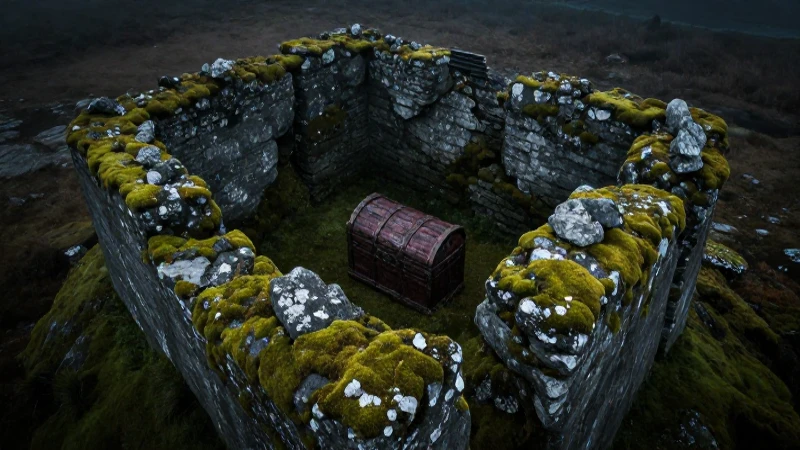 Ruinas misteriosas y tesoro bajo sombras dramáticas