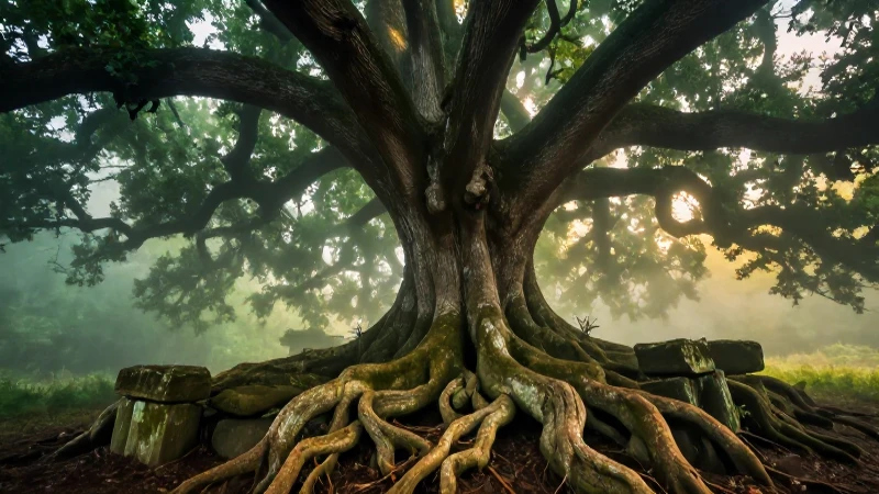 Raíces antiguas entre piedras en ambiente misterioso