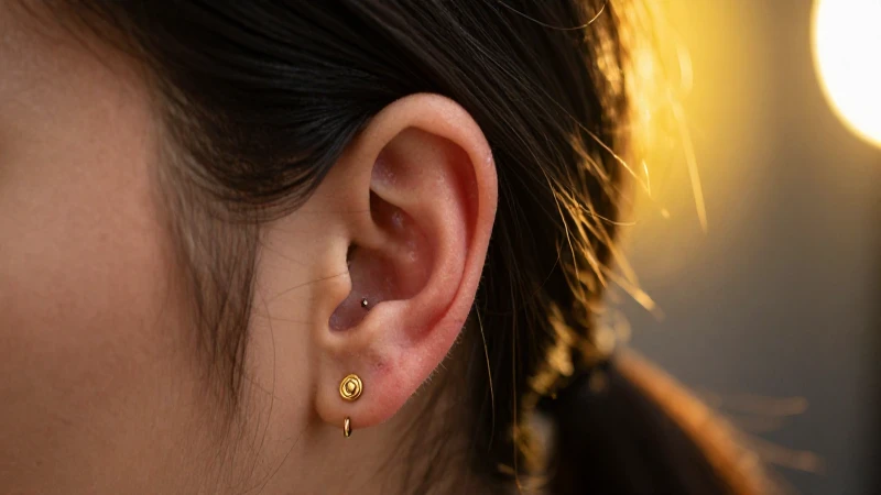 Oreja femenina con piercing y joyería dorada