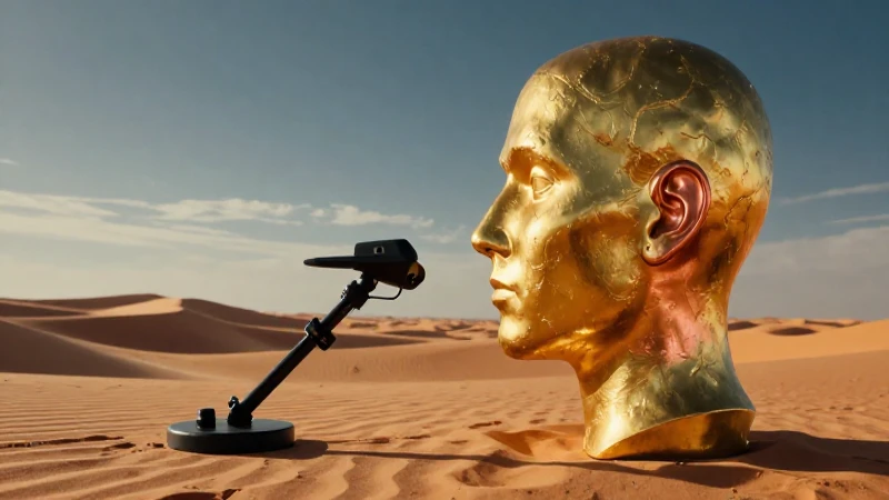 Detector metálico en desierto, hiperrealista y dramático