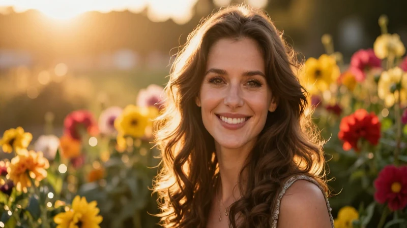 Mujer segura en ambiente floral y cálido
